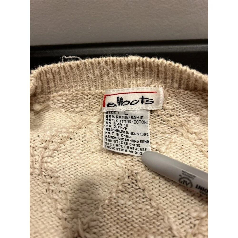 Vintage Talbots Womens Cardigan Sweater Large Beige Diamond Button Front